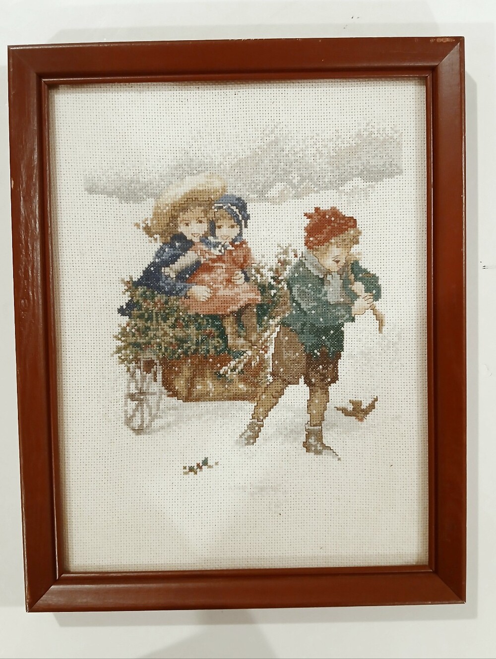Vintage Cross Stitch Framed Winter Children Scene - Brown Frame